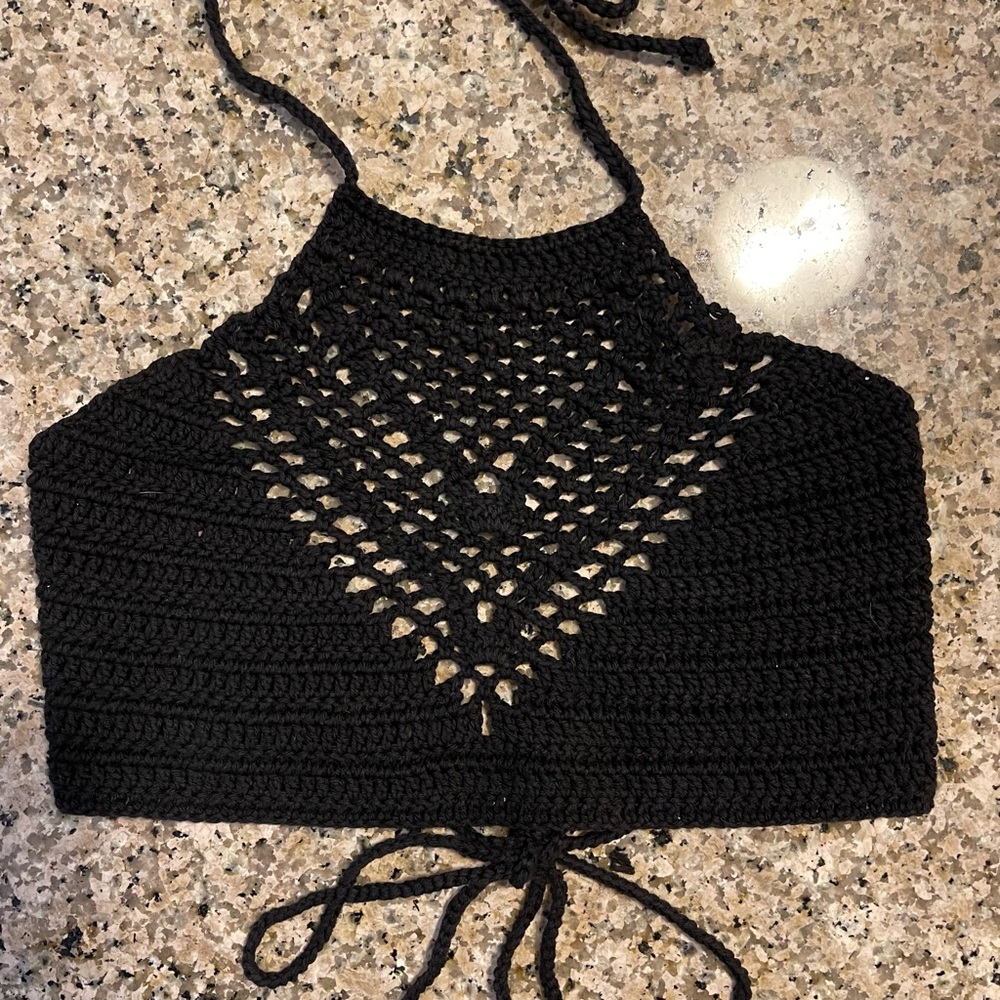 BLACK Crochet Bohemian Triangle Halter Top Boho Festival Small